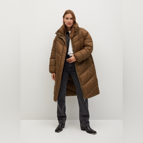 Mango MNG Brown Oversized Padded Puffer Quilted Long Coat Jacket - Picture 1 of 16